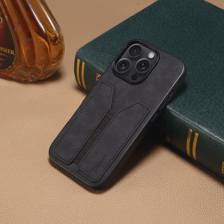 For iPhone 16 Plus Denior D07 DV Elastic Card Slot PU Back Cover Phone Case(Black)