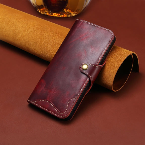 For iPhone 16 Denior B01 Oil Wax Cowhide Magnetic Button Genuine Leather Case(Red)