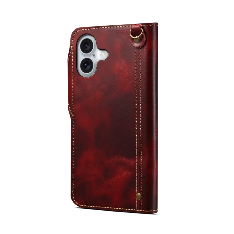 For iPhone 16 Denior B01 Oil Wax Cowhide Magnetic Button Genuine Leather Case(Red)