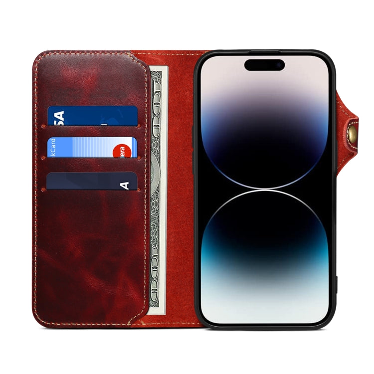 For iPhone 16 Denior B01 Oil Wax Cowhide Magnetic Button Genuine Leather Case(Red)