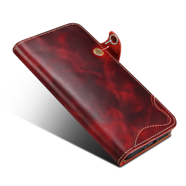 For iPhone 16 Denior B01 Oil Wax Cowhide Magnetic Button Genuine Leather Case(Red)