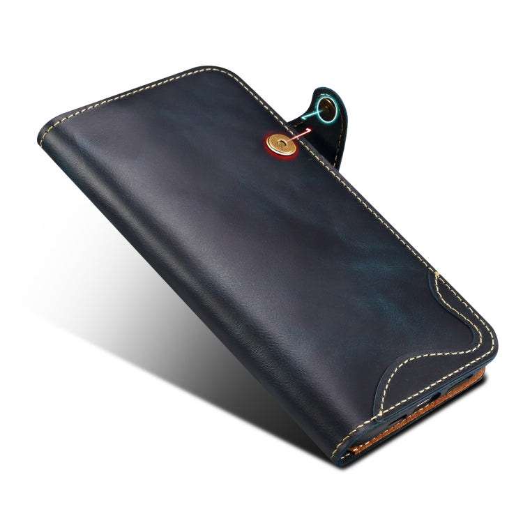 For iPhone 16 Denior B01 Oil Wax Cowhide Magnetic Button Genuine Leather Case(Blue)
