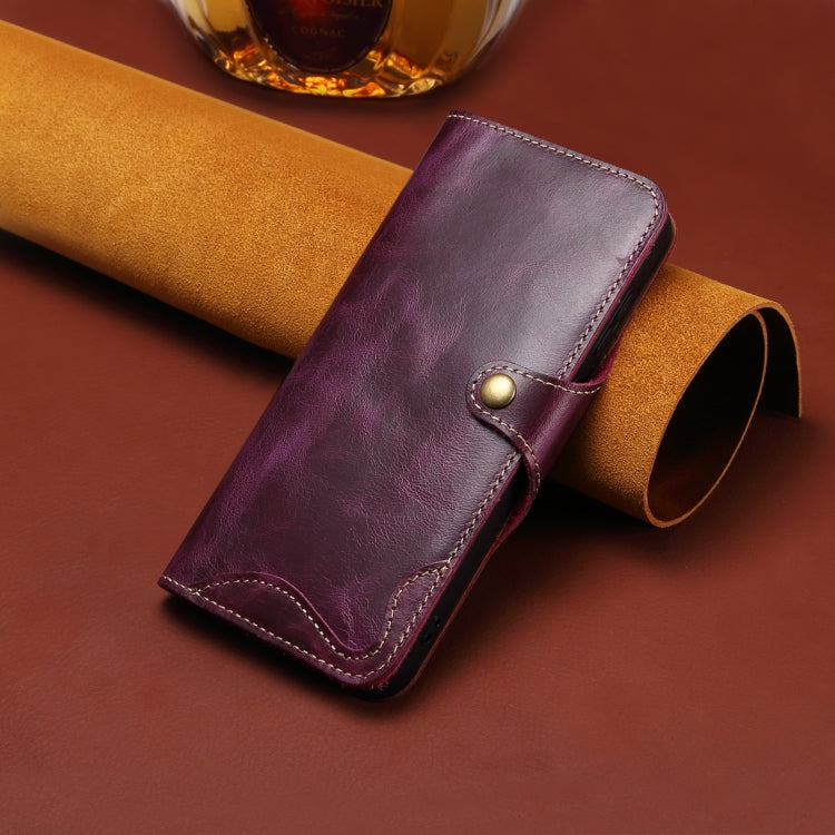 For iPhone 16 Pro Denior B01 Oil Wax Cowhide Magnetic Button Genuine Leather Case(Purple)