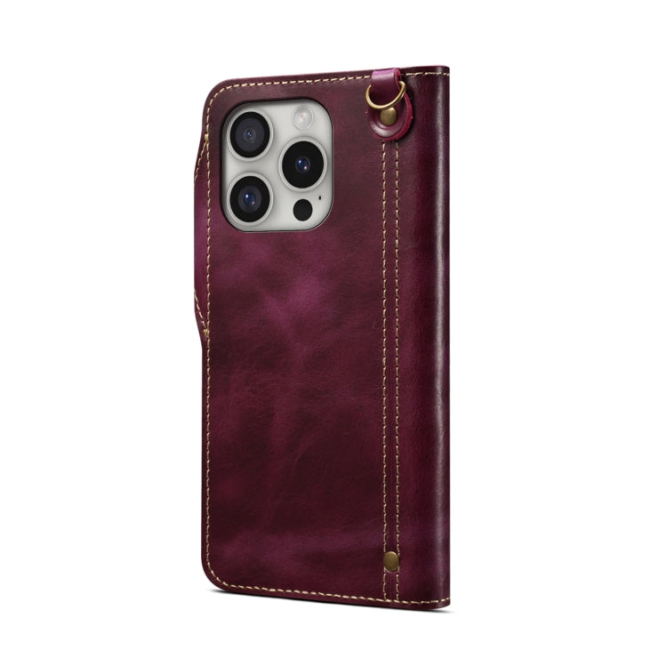 For iPhone 16 Pro Denior B01 Oil Wax Cowhide Magnetic Button Genuine Leather Case(Purple)