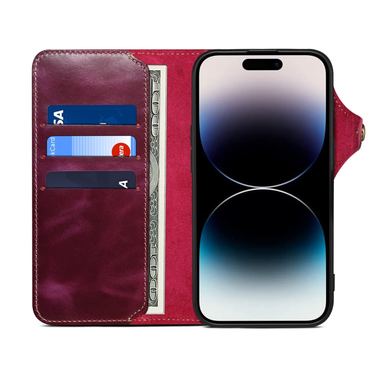 For iPhone 16 Pro Denior B01 Oil Wax Cowhide Magnetic Button Genuine Leather Case(Purple)
