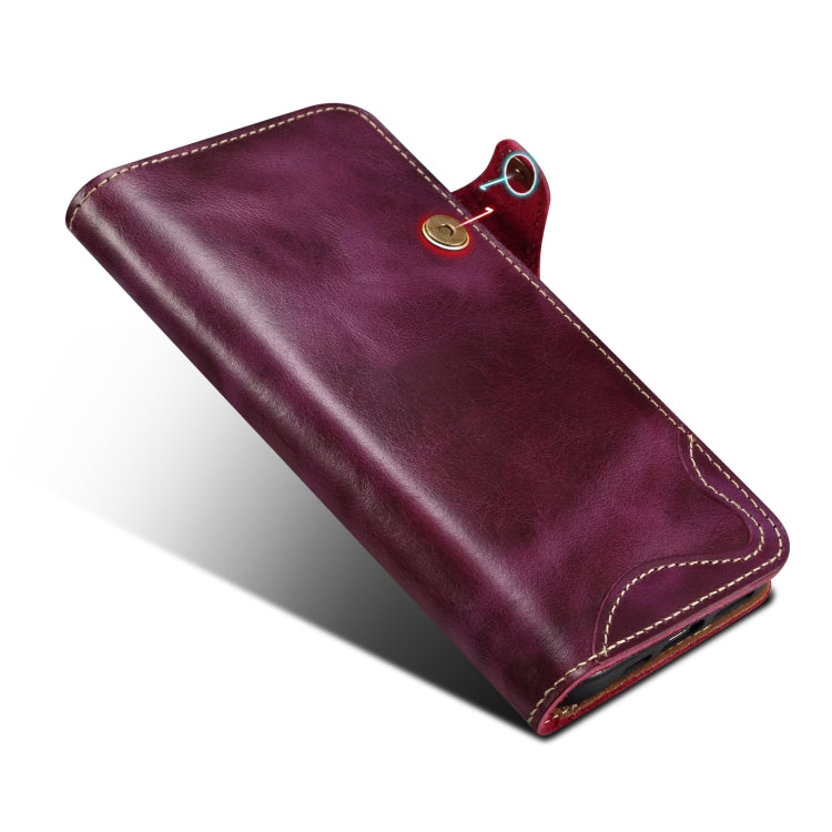 For iPhone 16 Pro Denior B01 Oil Wax Cowhide Magnetic Button Genuine Leather Case(Purple)