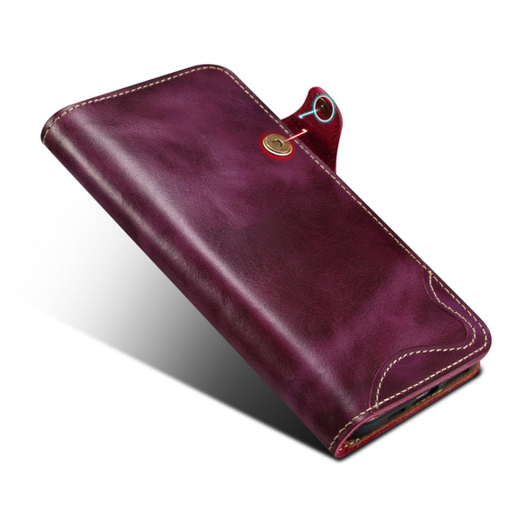 For iPhone 16 Pro Denior B01 Oil Wax Cowhide Magnetic Button Genuine Leather Case(Purple)