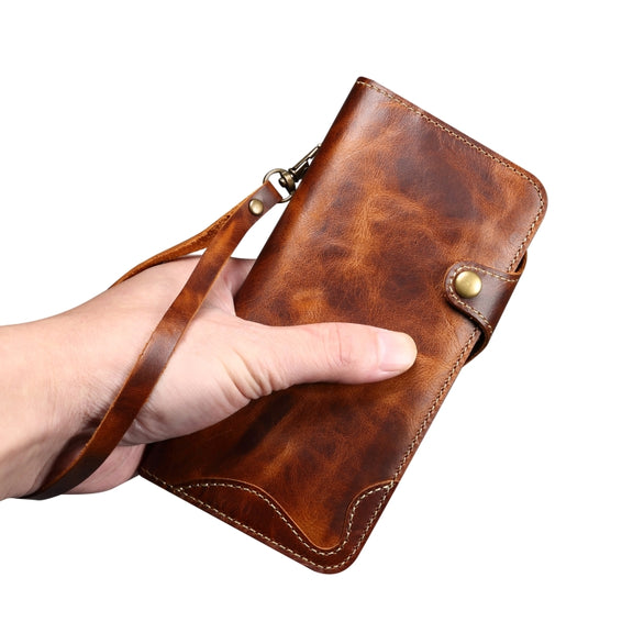 For iPhone 16 Plus Denior B01 Oil Wax Cowhide Magnetic Button Genuine Leather Case(Red)