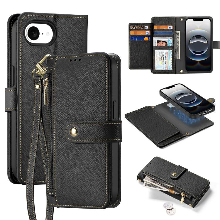For iPhone 16e DUX DUCIS Lawa Series 2 in 1 Wallet Zipper Detachable MagSafe Phone Case with Lanyard(Black)