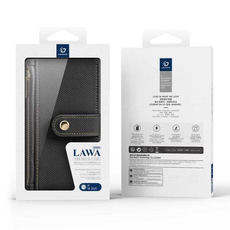 For iPhone 16e DUX DUCIS Lawa Series 2 in 1 Wallet Zipper Detachable MagSafe Phone Case with Lanyard(Black)