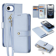 For iPhone 16e DUX DUCIS Lawa Series 2 in 1 Wallet Zipper Detachable MagSafe Phone Case with Lanyard(Light Blue)