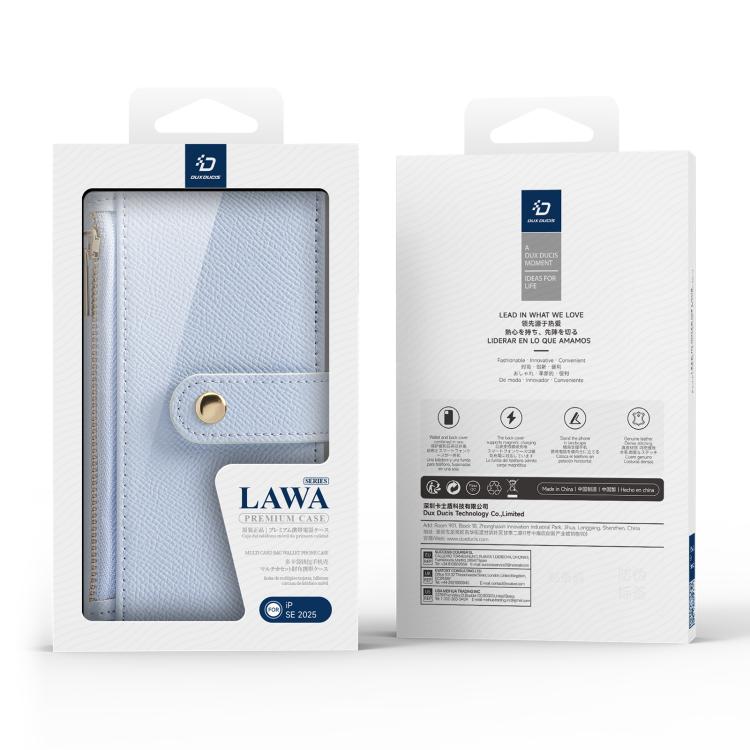 For iPhone 16e DUX DUCIS Lawa Series 2 in 1 Wallet Zipper Detachable MagSafe Phone Case with Lanyard(Light Blue)