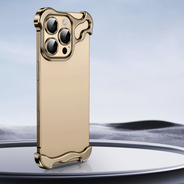 For iPhone 16 Pro Max Frameless Metal Corner Pad Phone Case with Lens Film(Gold)