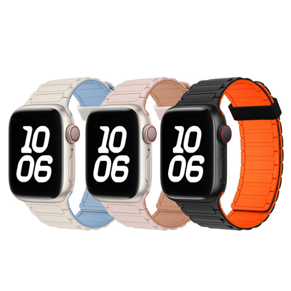 For Apple Watch SE 44mm Tri-beads Magnetic Hoop Silicone Watch Band(White Black)