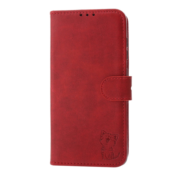 For Samsung Galaxy S25 5G Embossed Happy Cat Pattern Flip Leather Phone Case(Red)
