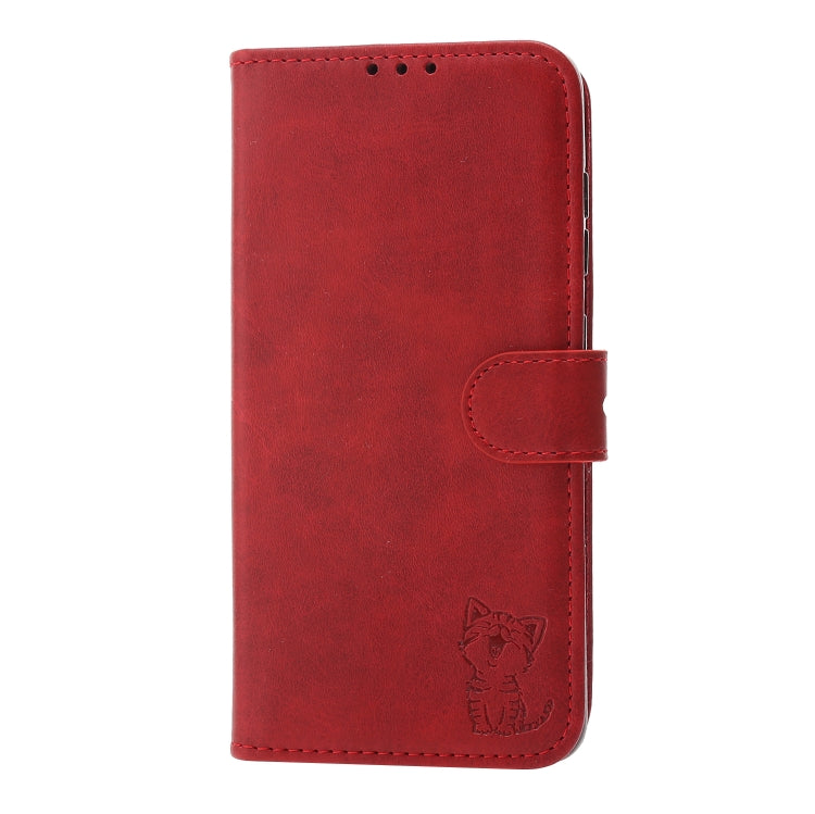 For Samsung Galaxy S25 5G Embossed Happy Cat Pattern Flip Leather Phone Case(Red)