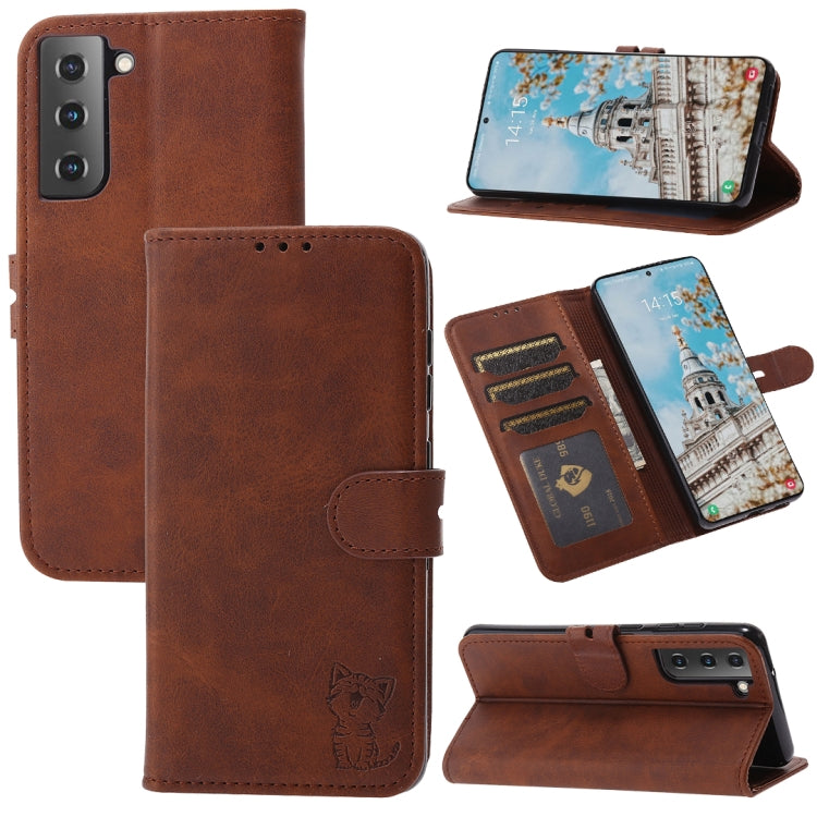 For Samsung Galaxy S25 5G Embossed Happy Cat Pattern Flip Leather Phone Case(Brown)