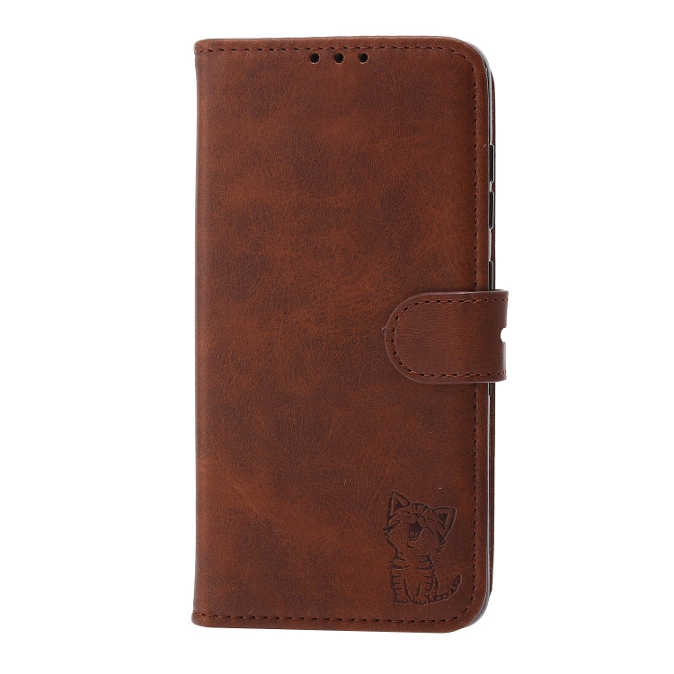 For Samsung Galaxy S25 5G Embossed Happy Cat Pattern Flip Leather Phone Case(Brown)