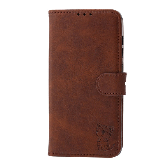 For Samsung Galaxy S25 5G Embossed Happy Cat Pattern Flip Leather Phone Case(Brown)