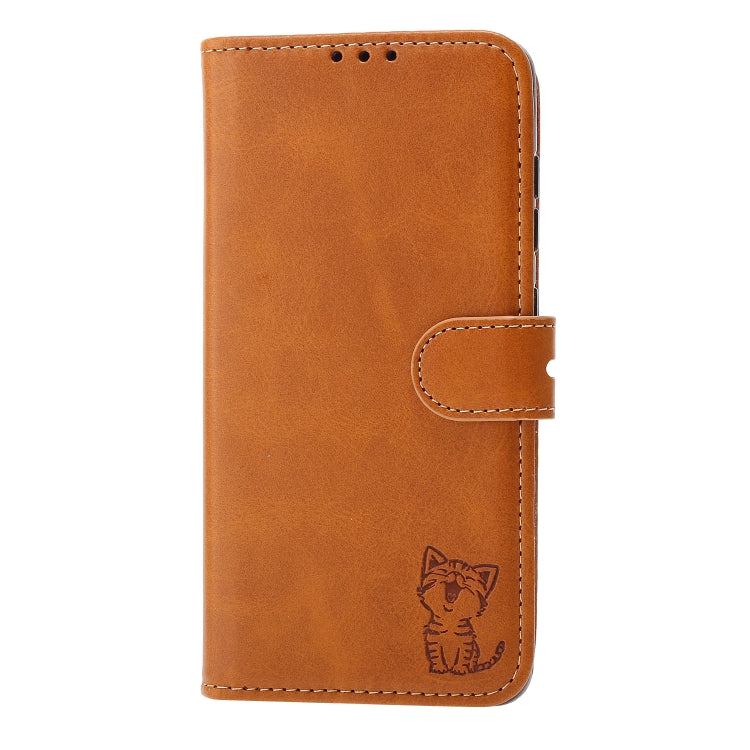 For Samsung Galaxy S25 5G Embossed Happy Cat Pattern Flip Leather Phone Case(Yellow)