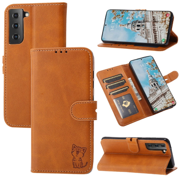 For Samsung Galaxy S25 5G Embossed Happy Cat Pattern Flip Leather Phone Case(Yellow)