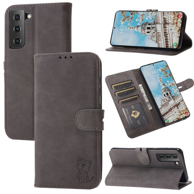 For Samsung Galaxy S25 5G Embossed Happy Cat Pattern Flip Leather Phone Case(Grey)