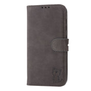 For Samsung Galaxy S25 5G Embossed Happy Cat Pattern Flip Leather Phone Case(Grey)