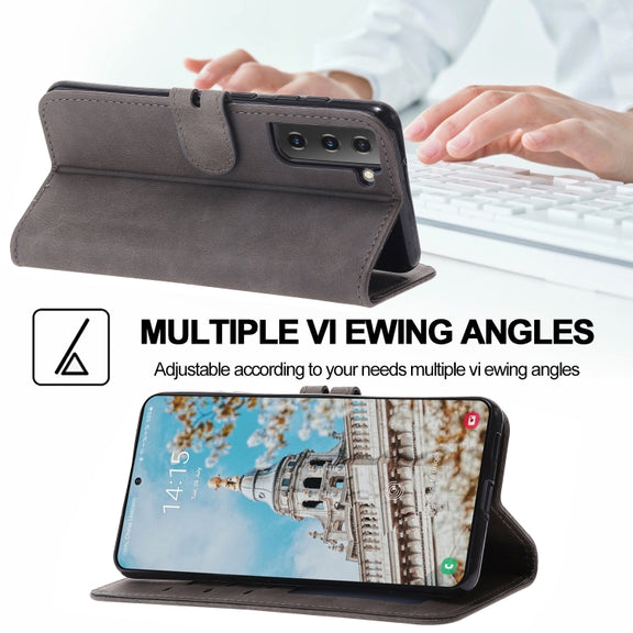 For Samsung Galaxy S25 5G Embossed Happy Cat Pattern Flip Leather Phone Case(Grey)