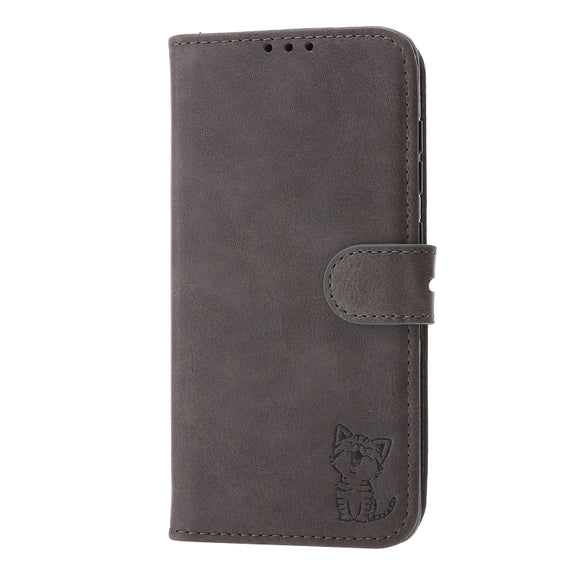 For Samsung Galaxy S25+ 5G Embossed Happy Cat Pattern Flip Leather Phone Case(Grey)