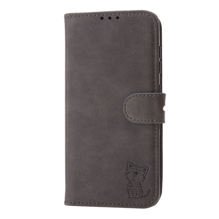 For Samsung Galaxy S25+ 5G Embossed Happy Cat Pattern Flip Leather Phone Case(Grey)
