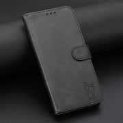 For Samsung Galaxy S25+ 5G Embossed Happy Cat Pattern Flip Leather Phone Case(Black)