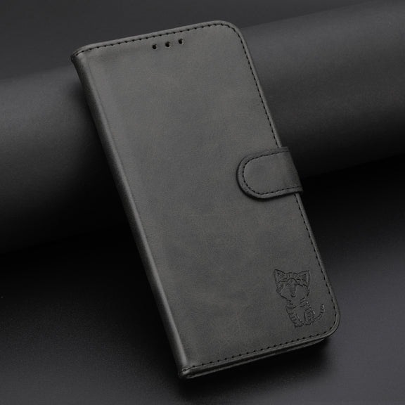 For Samsung Galaxy S25+ 5G Embossed Happy Cat Pattern Flip Leather Phone Case(Black)