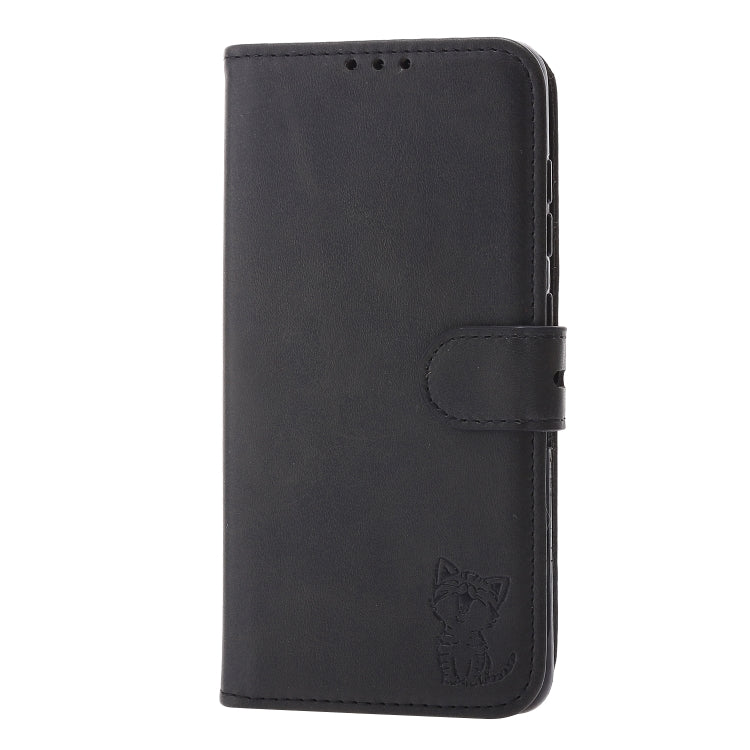 For Samsung Galaxy S25+ 5G Embossed Happy Cat Pattern Flip Leather Phone Case(Black)