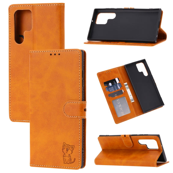 For Samsung Galaxy S25 Ultra 5G Embossed Happy Cat Pattern Flip Leather Phone Case(Yellow)