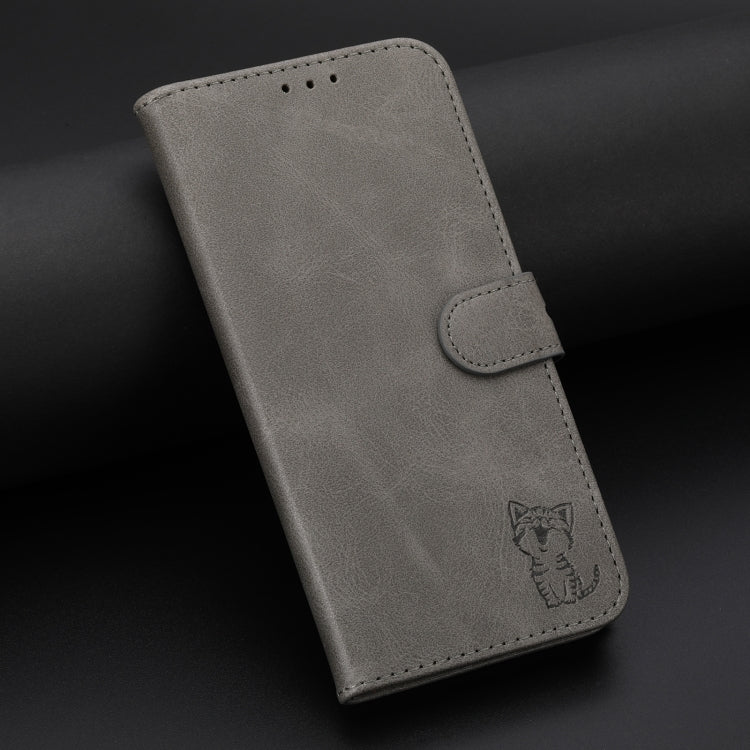 For Samsung Galaxy S25 Ultra 5G Embossed Happy Cat Pattern Flip Leather Phone Case(Grey)