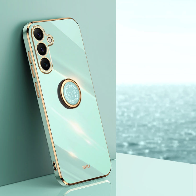 For Samsung Galaxy S25 5G XINLI Straight 6D Plating Gold Edge TPU Shockproof Case with Ring Holder(Mint Green)