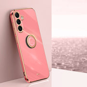 For Samsung Galaxy S25 5G XINLI Straight 6D Plating Gold Edge TPU Shockproof Case with Ring Holder(Hawthorn Red)