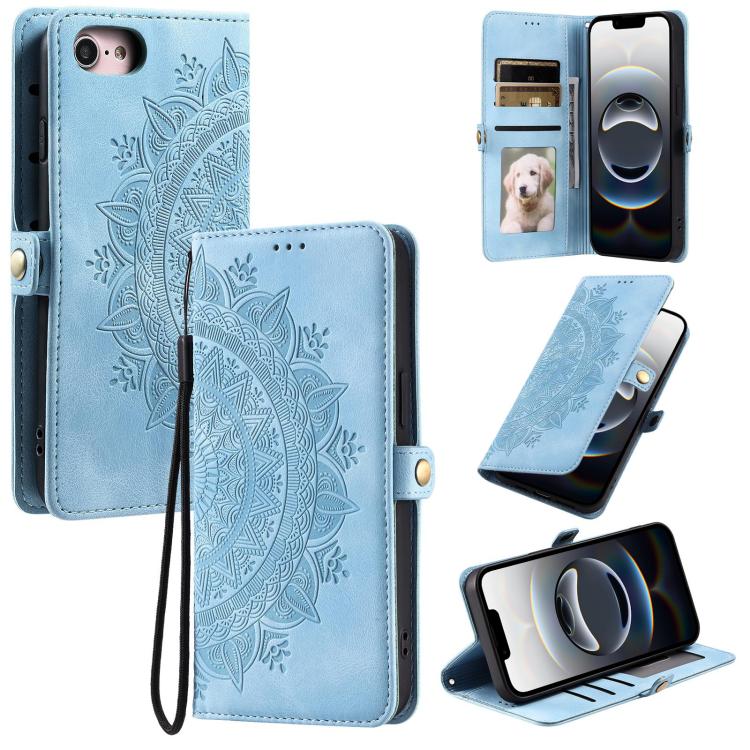 For iPhone 16e Skin Feel Totem Embossed Leather Phone Case(Blue)