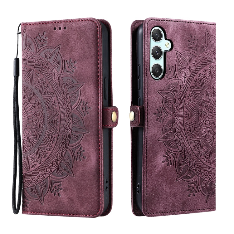 For Samsung Galaxy S25 5G Skin Feel Totem Embossed Leather Phone Case(Wine Red)