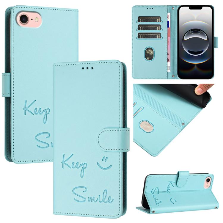 For iPhone 16e Smile Embossing RFID Leather Phone Case(Mint Green)