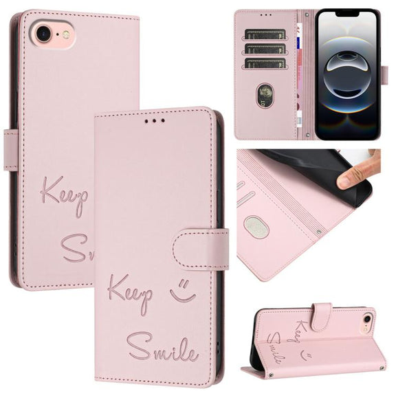 For iPhone 16e Smile Embossing RFID Leather Phone Case(Pink)