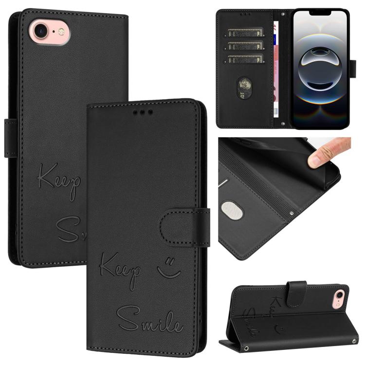 For iPhone 16e Smile Embossing RFID Leather Phone Case(Black)
