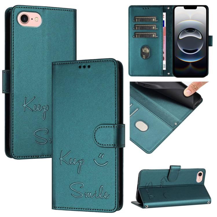 For iPhone 16e Smile Embossing RFID Leather Phone Case(Peacock Green)
