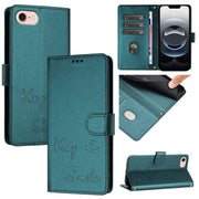 For iPhone 16e Smile Embossing RFID Leather Phone Case(Peacock Green)