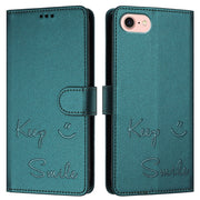 For iPhone 16e Smile Embossing RFID Leather Phone Case(Peacock Green)