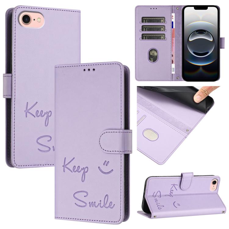 For iPhone 16e Smile Embossing RFID Leather Phone Case(Light Purple)
