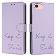 For iPhone 16e Smile Embossing RFID Leather Phone Case(Light Purple)