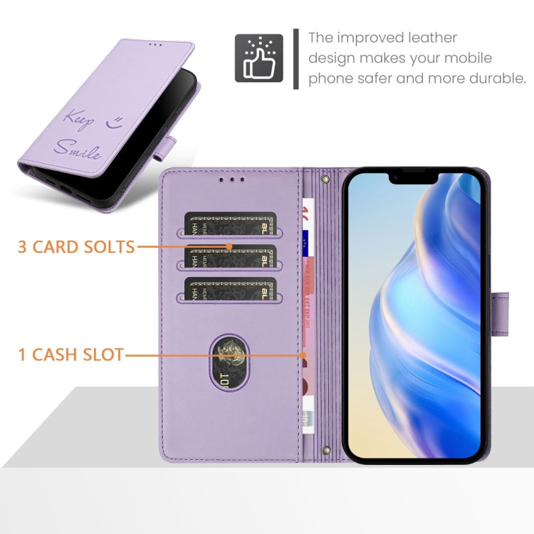 For iPhone 16e Smile Embossing RFID Leather Phone Case(Light Purple)