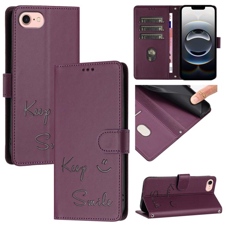 For iPhone 16e Smile Embossing RFID Leather Phone Case(Violet)
