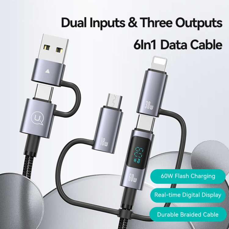 USAMS 60W 6 in 1 Digital Display Fast Charging Cable, Length:1.2m(Titanium Gray)